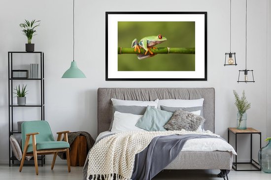 Poster in lijst - Fotolijst 120x80 cm - Posters - Roodoogmakikikker op bamboe - Posterlijst zwart - Decoratie - Wanddecoratie woonkamer - Muurdecoratie slaapkamer