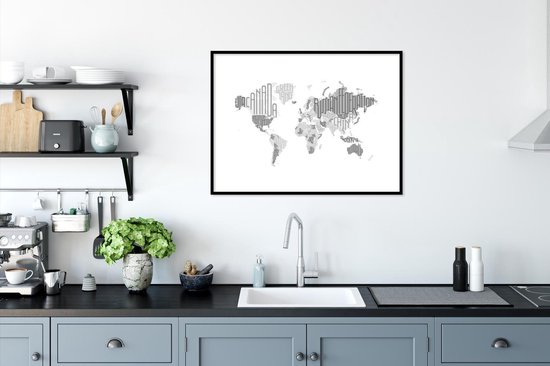 Affiche avec cadre Wereldkaart - Lettres - Grijs - 80x60 cm