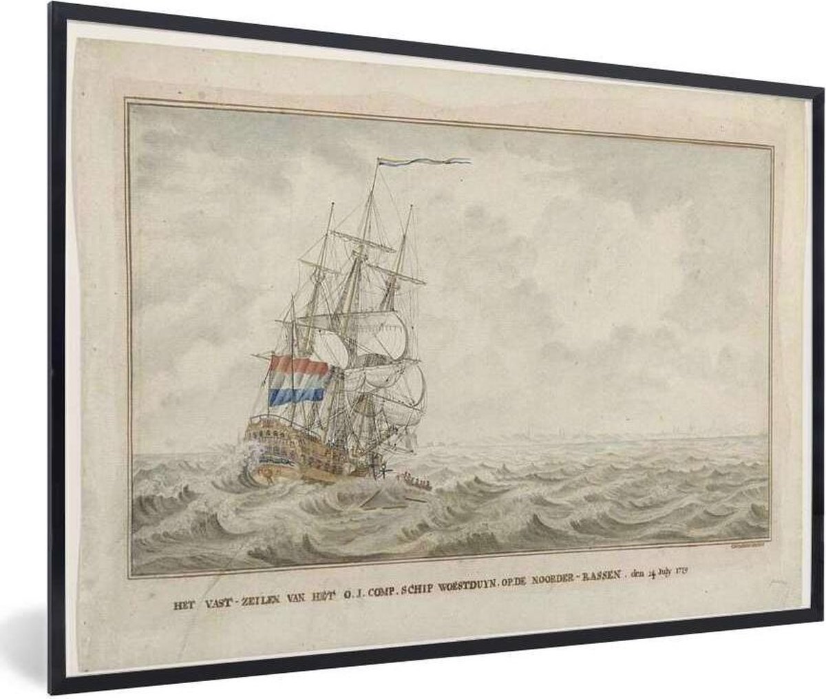 Fotolijst incl. Poster - Het schip Woestduin loopt vast op de Noorderrassen - Schilderij van Cornelis de Jonker - 30x20 cm - Posterlijst