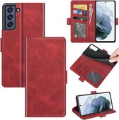 Samsung Galaxy S21 FE hoesje - MobyDefend Luxe Wallet Book Case (Sluiting Zijkant) - Rood - GSM Hoesje - Telefoonhoesje Geschikt Voor: Samsung Galaxy S21 FE