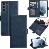 Samsung Galaxy S21 FE hoesje - MobyDefend Luxe Wallet Book Case (Sluiting Zijkant) - Blauw - GSM Hoesje - Telefoonhoesje Geschikt Voor: Samsung Galaxy S21 FE