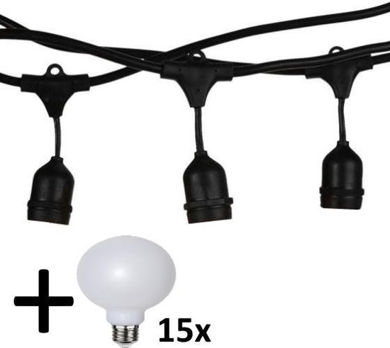 V-tac VT-713 lichtsnoer - 15m - Incl. 15 Wit matte Globe XL LED lampen Mat -Extra Warm Wit- 2700K- Verwisselbare lampen - Waterdicht - Onbreekbaar - koppelbaar