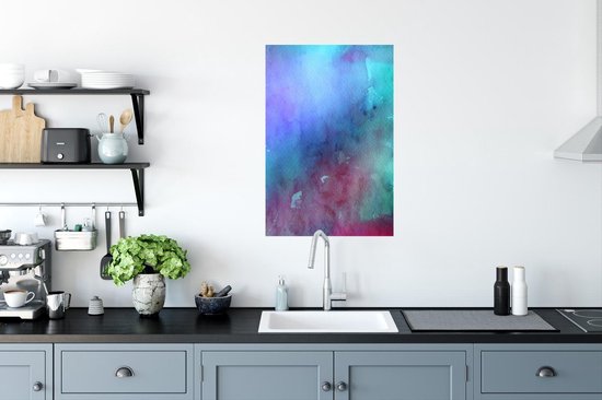 Oeuvre abstraite faite d'aquarelle et de bleu avec des couleurs vertes et violettes 40x60 cm