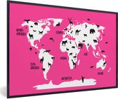 Wereldkaart Kinderen - Dieren - Roze - Schoolplaat - Kinderkamer - 60x40 cm