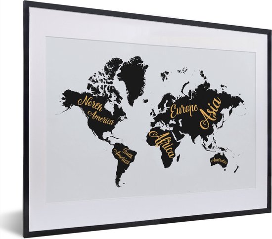 Zwarte wereldkaart met gouden letters fotolijst zwart met witte passe-partout