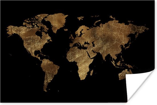 Carte du monde dorée décorée d'un motif texturé sur fond noir 90x60 cm | bol