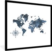 Fotolijst incl. Poster - Wereldkaart - Blauw - Kompas - 40x40 cm - Posterlijst