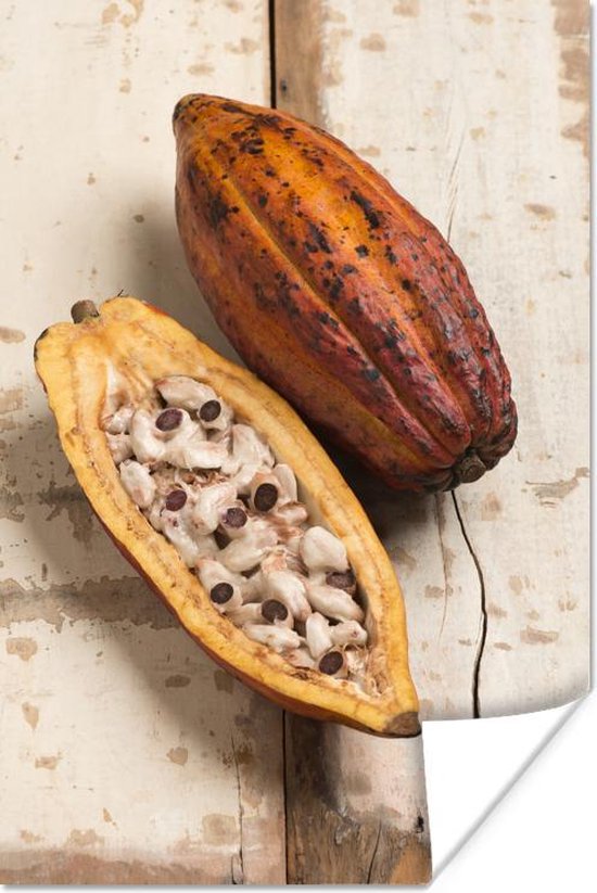 Tropische cacaobonen op een houten achtergrond Poster 20x30 cm - klein - Foto print op Poster (wanddecoratie woonkamer / slaapkamer)