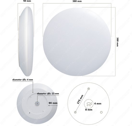 Technische tekening van een witte, ronde plafondlamp met afmetingen: Ø38cm, 50mm hoog. Bevat installatie-instructies.