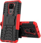 Voor Xiaomi Redmi Note 9 Tire Texture Shockproof TPU + PC beschermhoes met houder (rood)