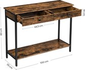 Consoletafel, haltafel, bijzettafel, salontafel met 2 laden, stalen frame, stabiel, hal, woonkamer, industrieel design, vintage bruin-zwart LNT010B01