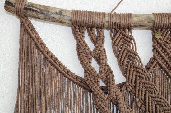 Macramé wandkleed Manolya -Muurdecoratie - handgemaakt - knopen - touw - macrame wall hanger - 163 bruin