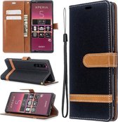 Voor Sony Xperia 5 / XZ5 Kleuraanpassing Denim Textuur Horizontaal Flip PU lederen tas met houder & kaartsleuven & portemonnee & draagkoord (zwart)