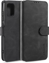 Voor Galaxy A71 DG.MING Retro Oil Side Horizontal Flip Case met houder & kaartsleuven & portemonnee (zwart)