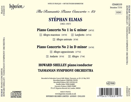 Albumhoes van 'The Romantic Piano Concerto ~ 82' met de titels van Elmas' pianoconcerten en Howard Shelley met het Tasmanian Symphony Orchestra.