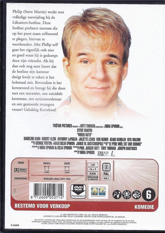 Steve Martin met een close-up op zijn gezicht. Op de achtergrond de titel 'Mixed Nuts' en credits.