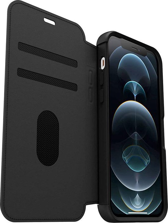 Zwarte OtterBox Strada portefeuille hoesje geopend, met daarin een iPhone.