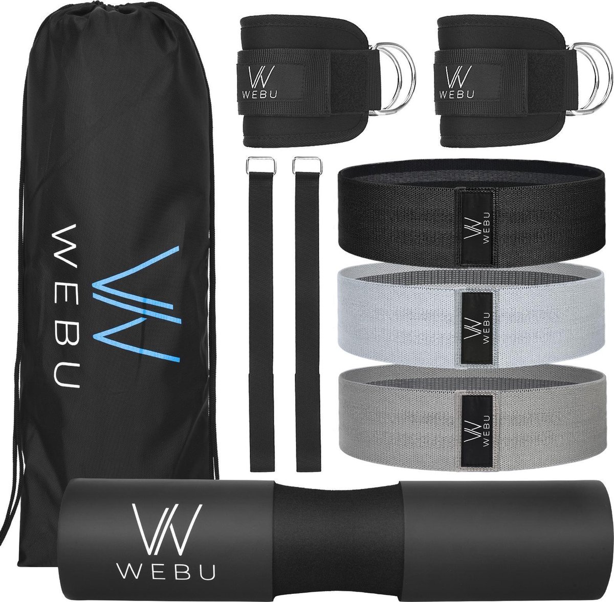 WEBU 9 Delige Fitness / Sportschool Set - Barbell Squat Pad - Nekbeschermer – Premium Weerstandsbanden – Resistance Band Set - Ankle Strap