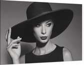 Vrouw met hoed zwart wit - Foto op Canvas - 60 x 40 cm