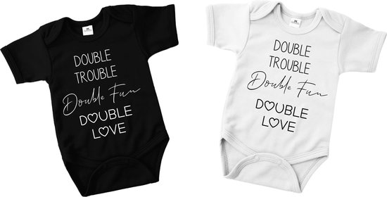Rompertjes baby tweeling met tekst-Tweeling rompertjes double trouble double fun double love-zwart-wit-Maat 56