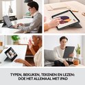 Collage van mensen die iPads gebruiken in verschillende situaties: op kantoor, tekenend, videobellend en ontspannend op de bank.