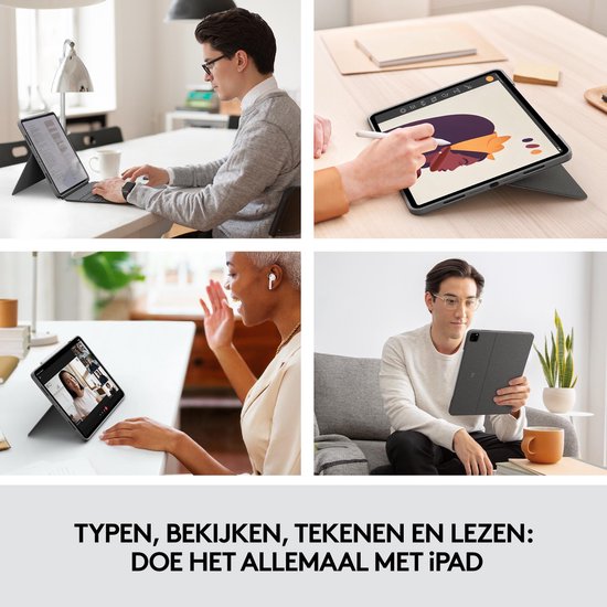 Collage van mensen die iPads gebruiken in verschillende situaties: op kantoor, tekenend, videobellend en ontspannend op de bank.