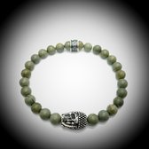 Natuursteen Armband met 925 Sterling Zilver Skull / Buddha / Boedha Bedel van 13 gram Zilver , Handgemaakte Edelsteen Armband met 8mm (Silver Mist Jaspis) kralen .