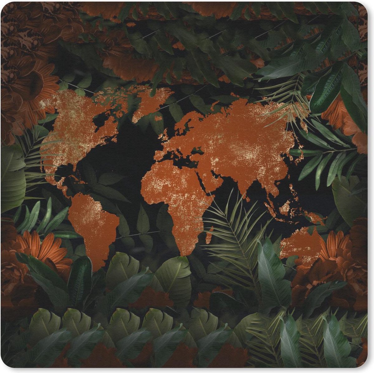 Muismat 20x20 cm - Mousepad Wereldkaart - Goud - Rood - Muismatten