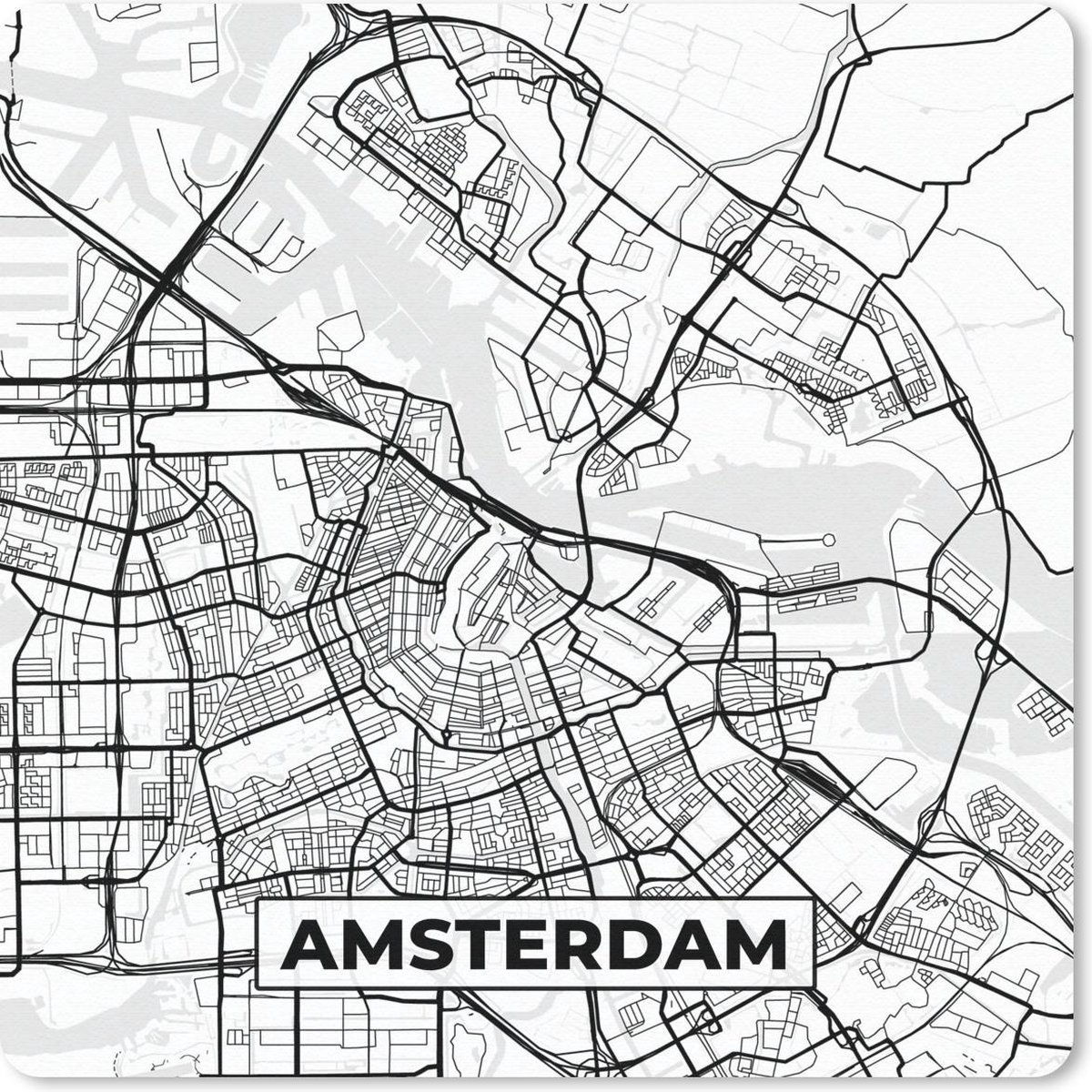 Muismat 20x20 cm - Mousepad Kaart - Amsterdam - Zwart - Wit - Muismatten