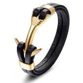 Victorious Leren Armband Heren – RVS Roestvrij Staal – Goud Anker – Zwart/Goud – 22cm