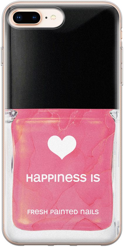 Coque de téléphone rose avec un flacon de vernis à ongles et un cœur. Texte : 'HAPPINESS IS FRESH PAINTED NAILS'.