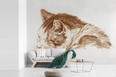 Behang - Fotobehang Kop van een slapende kat - schilderij van Jean Bernard - Breedte 385 cm x hoogte 280 cm