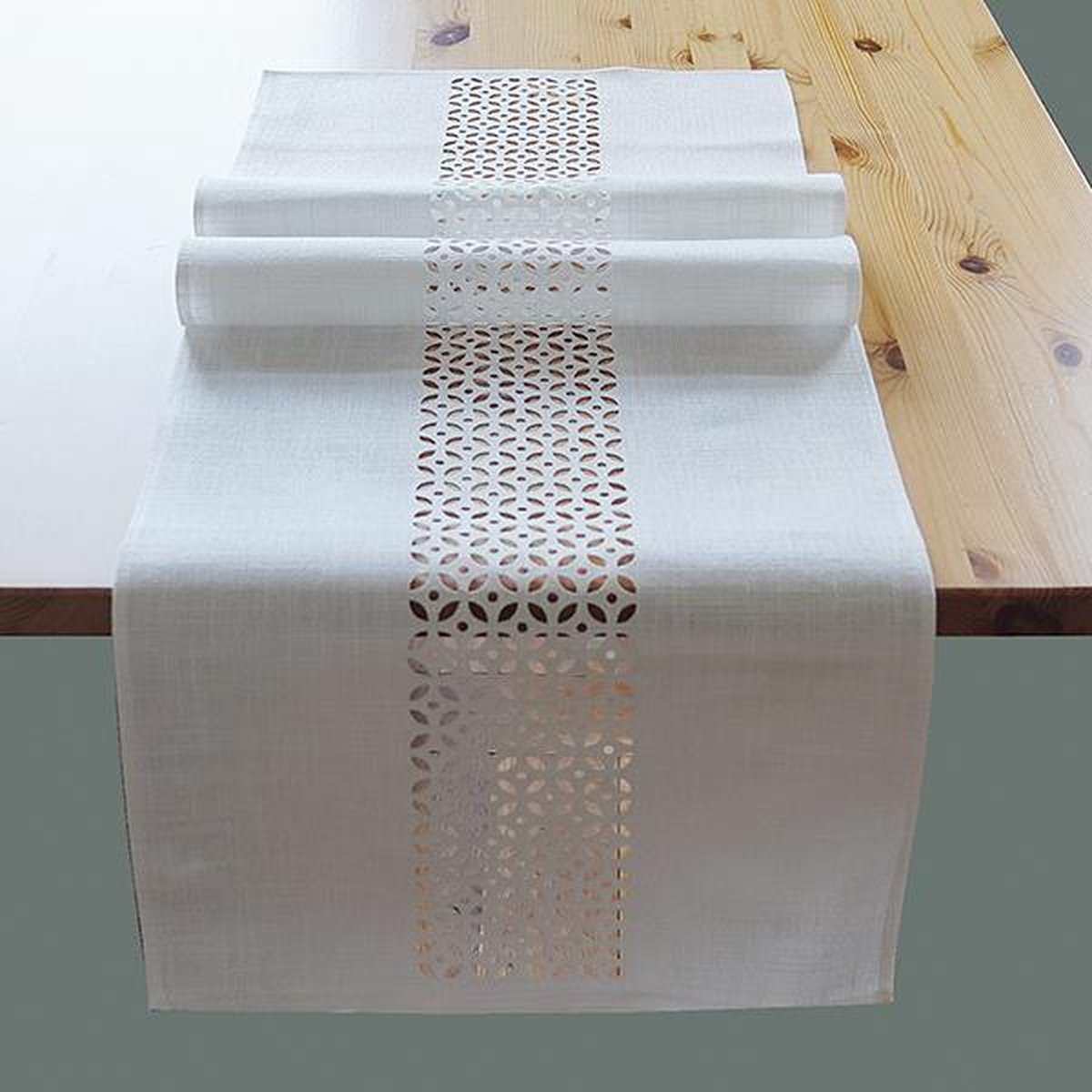 Tafelkleed - Off White met opengewerkte rand - Loper 140 cm