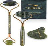 Sensage Jade roller met Gua Sha steen | Massage | 100% natuurlijk groene jade | Gezichtsroller | Face roller | Roller | Gezichtsmassage | 4-delige Beauty set