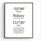 Steden Poster Sidney met Graden Positie en Tekst - Muurdecoratie - Minimalistisch - 40x30cm - PosterCity