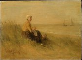 Kunst: Woman On the Shore After 1857 van Jozef Israels. Schilderij op aluminium, formaat is 30X45 CM