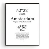 Steden Poster Amsterdam met Graden Positie en Tekst - Muurdecoratie - Minimalistisch - 50x40cm - PosterCity