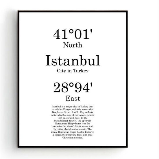 Steden Poster Istanbul met Graden Positie en Tekst - Muurdecoratie - Minimalistisch - 80x60cm - PosterCity