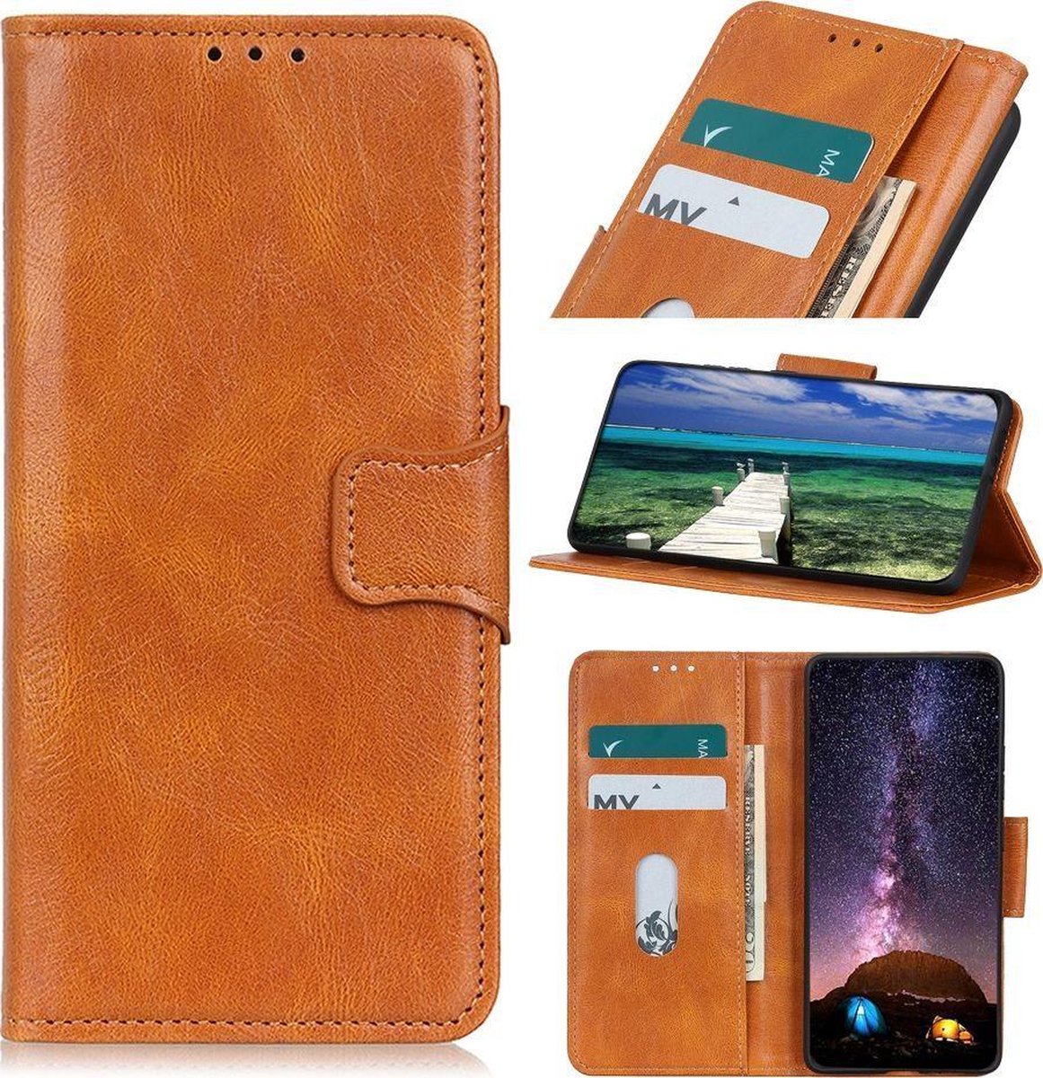Mobigear Telefoonhoesje geschikt voor Samsung Galaxy S21 FE Hoesje | Mobigear Classy Bookcase Portemonnee | Pasjeshouder voor 2 Pasjes | Telefoonhoesje voor Pinpas / OV Kaart / Rijbewijs - Cognac