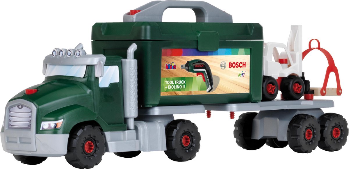 Klein Toys Bosch Ixolino II gereedschapswagen-set - 86 onderdelen - incl. accu-schroevendraaier, gereedschapskist, aanhanger, kraan en heftruck - groen - Klein