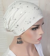 Zomerse chemomuts beanie kleur wit met sterretjes maat one size