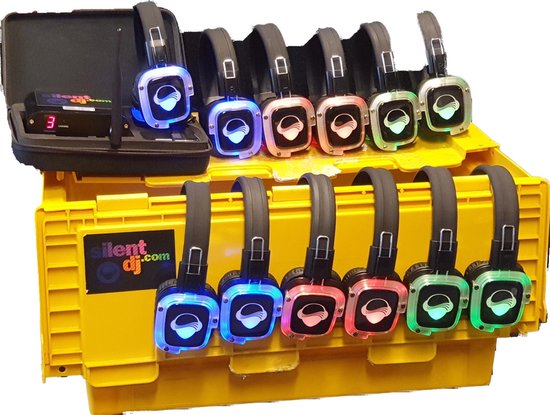 silentdiscohuren.nl | silent disco set 10 - silent disco box compleet: 10x koptelefoon (K9 RBG LED), laderset (LS9) en zender (Z4) - SDs10