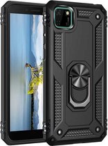 Huawei Y5P 2020 Stevige Magnetische Anti shock ring back cover case- schokbestendig-TPU met stand – Zwart + Gratis screenprotector