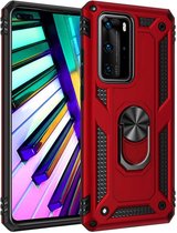 Huawei P40 Pro Stevige Magnetische Anti shock ring back cover case- schokbestendig-TPU met stand – Rood + Gratis screenprotector