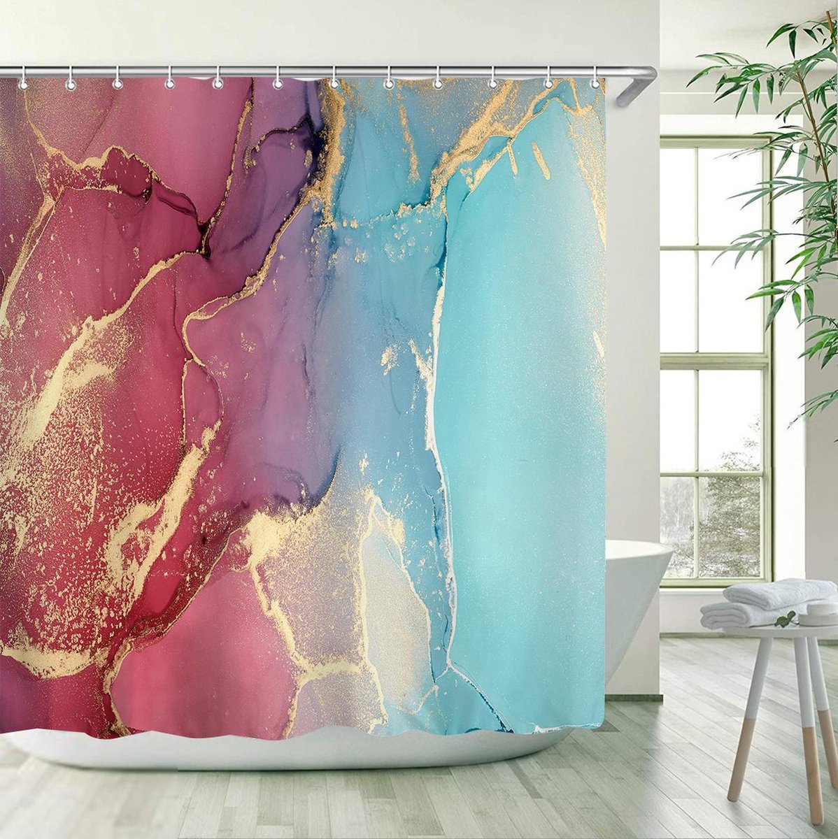 Yakira™ Douchegordijn 120x200 cm blauw roze goud marmer print wasbaar