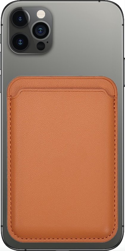 Porte-cartes magnétique en cuir PU orange sur le dos d'un téléphone argenté.