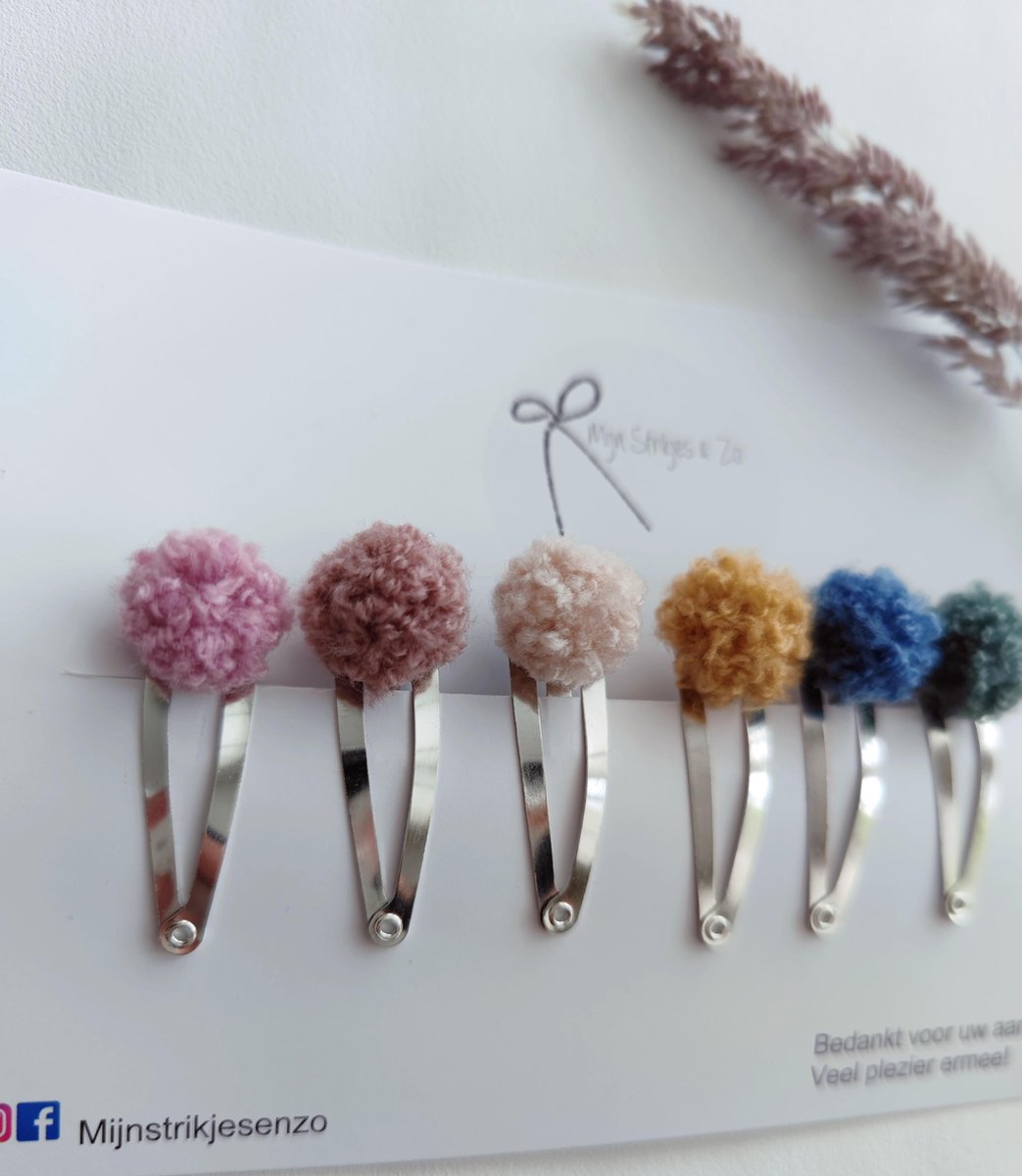 Pompom haarspeld 4 cm klik klak speld teddy meisjes haaraccesoires 1 setje van 6 clips