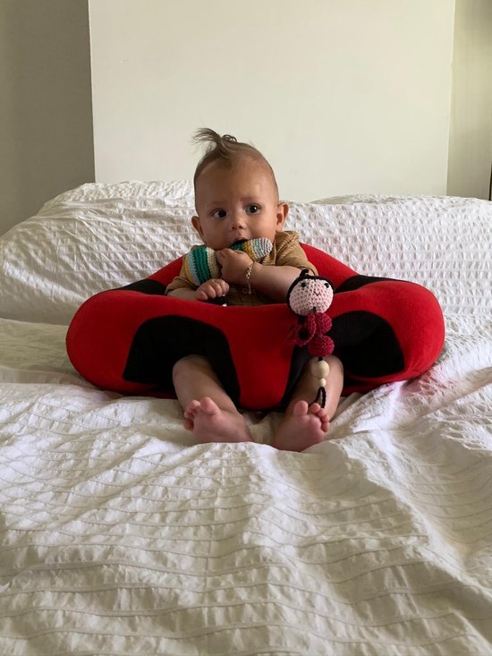 Baby zit in een rood ladybug zitje met zwarte stippen. Hij sabbelt op een speelgoedje.