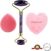 Demiracle® Face Roller & Gua Sha Love Bundle met Roze Siliconen Gezichtsborstel – Amethist – Rose Quartz – Face Rollers – Gezichtsmassage – Massagetools – Massage - Ontspanning – K