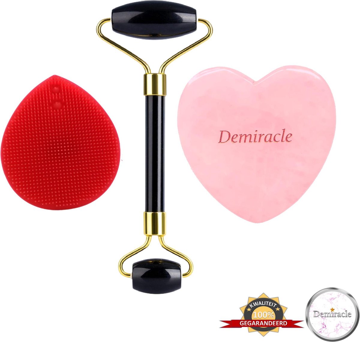 Demiracle® Face Roller & Gua Sha Love Bundle met Rode Siliconen Gezichtsborstel – Black Obsidian – Rose Quartz – Face Rollers – Gezichtsmassage – Massagetools – Massage - Ontspanning – Kwaliteit